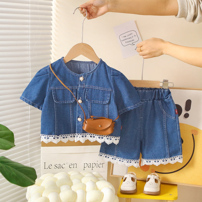 Girls' Outfit 2026 New Style: Lace Hem Denim Short Sleeve Shorts Two-Piece Set, Stylish Baby Summer Fashion