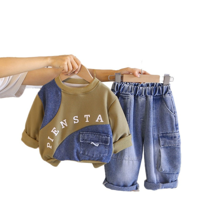 Baby Boy Outfit 2026 New Fashionable Spring and Autumn Clothes for Boys Two-Piece Set with Denim Letter Sweatshirt