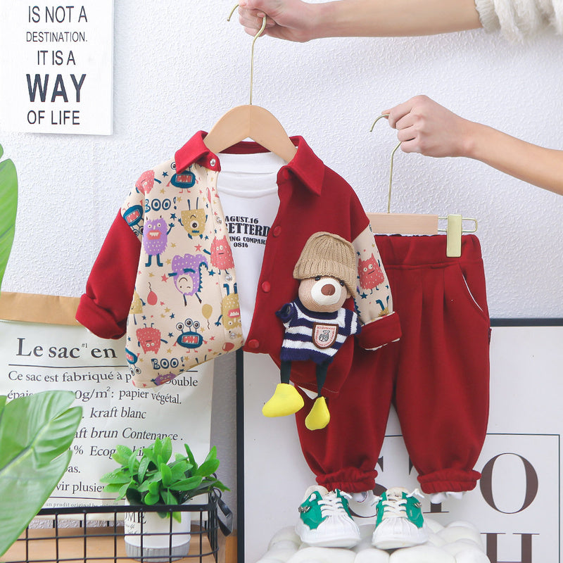 Children's Clothing Boys Spring and Autumn 2025 New Fashionable Baby Patchwork 3D Bear Three-Piece Set Dropshipping