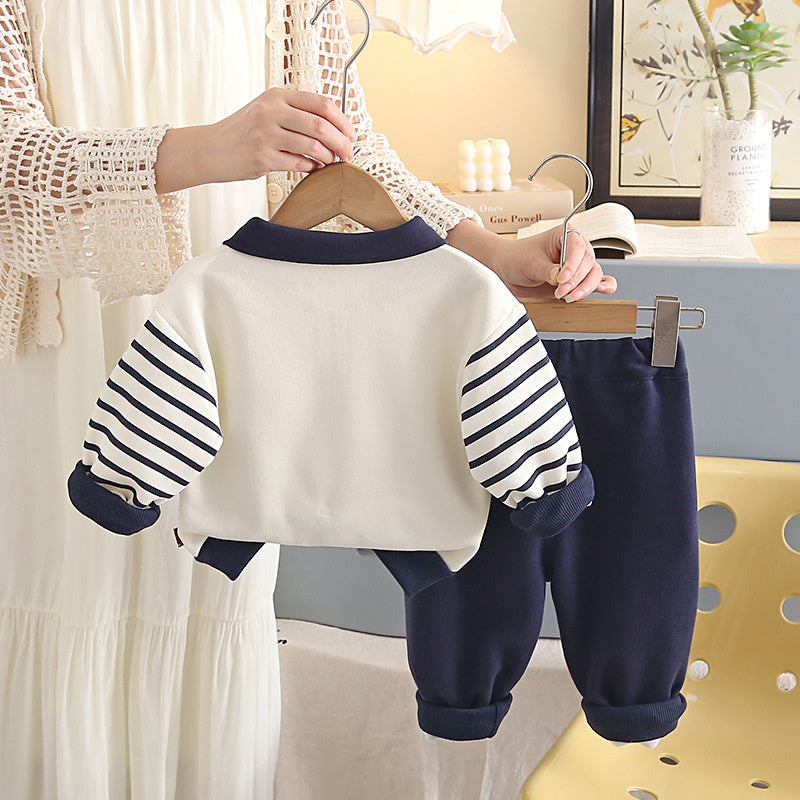 Baby Boy Outfit Set 1-3 Years Old, Korean Style Half-Zip Striped Bear Two-Piece Set, Boys' Infant Clothes for Spring and Autumn
