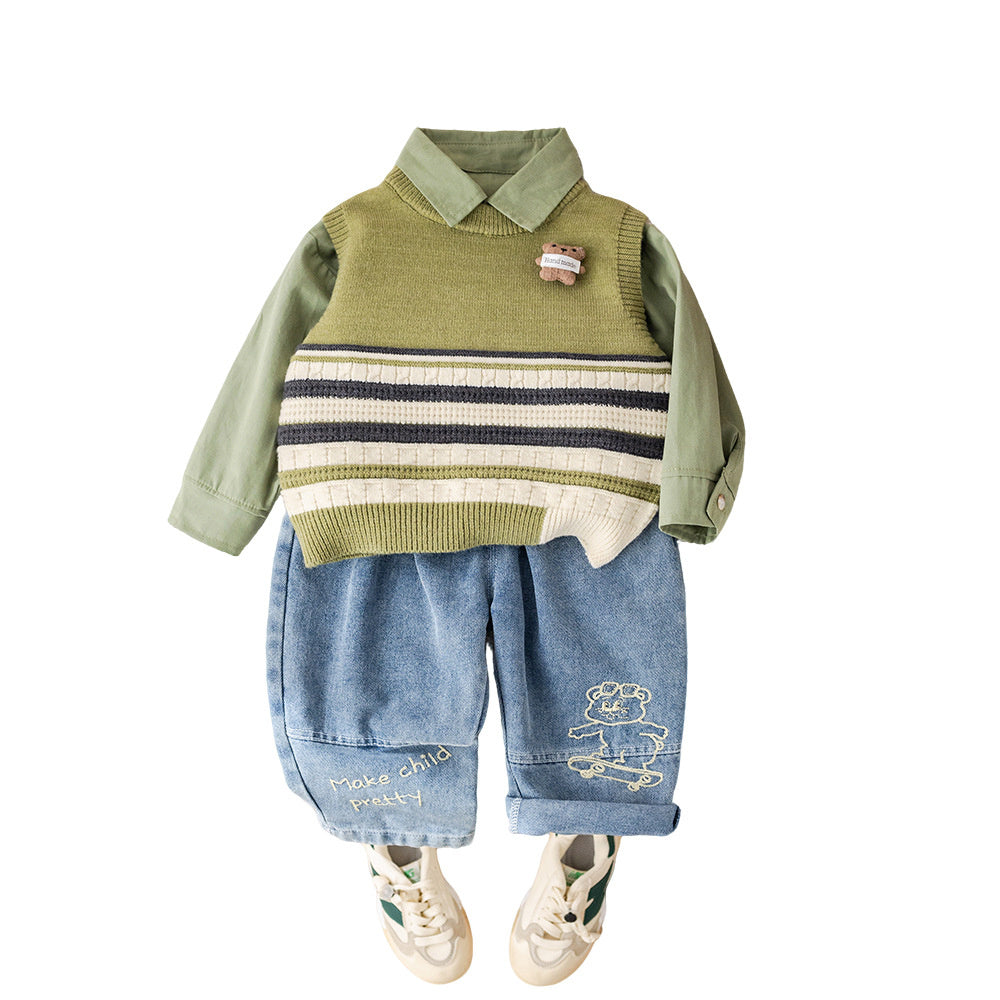 Boys' and Autumn Outfit 2026 New Stylish 1-3 Year Olds, Spring Striped Bear Vest Three-Piece Set for Toddlers