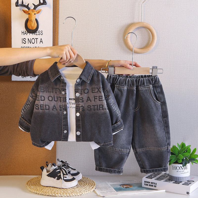 Boys' Outfit 2026 New Korean Style Gradient Denim Jacket Three-Piece Set Children, Trendy Spring and Autumn Clothes for Babies