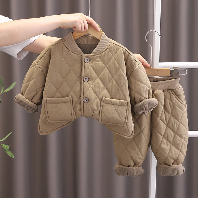 2025 Boys' Baby Casual Simple Winter Fleece Thickened Infant Versatile Pocket Button Cotton Jacket Two-Piece Set