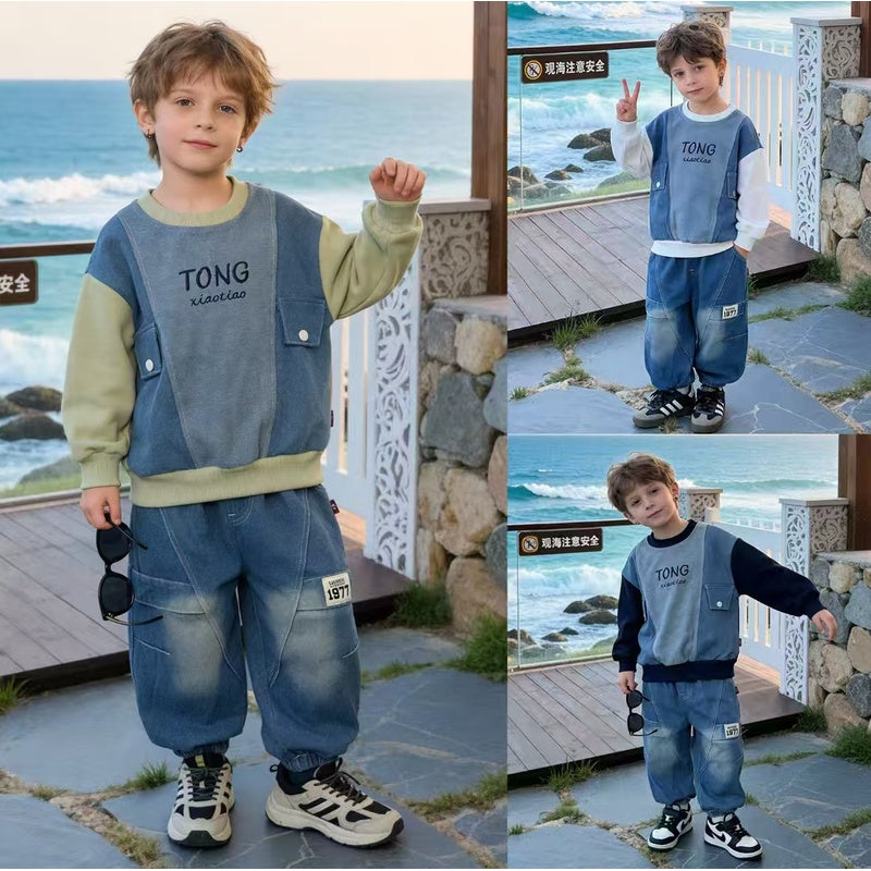 Boys' Spring and 2026 New Outfit: Children's Korean-style Pocket Color-block Denim Sweatshirt, Baby's Autumn Two-piece Trendy Set