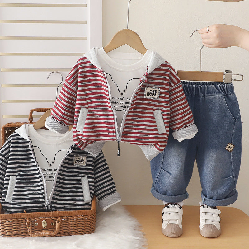 Boys' Outfit 2026 New Style Infant Children's Spring and Autumn Stylish Baby Boy Clothes Striped Hooded Three-Piece Set