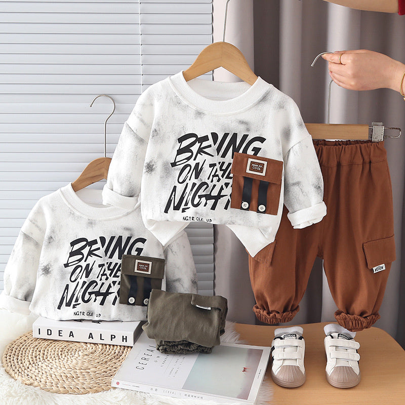 Cool stylish outfit for boys, trendy children's clothing, baby boy spring autumn two-piece set with pockets and letter print