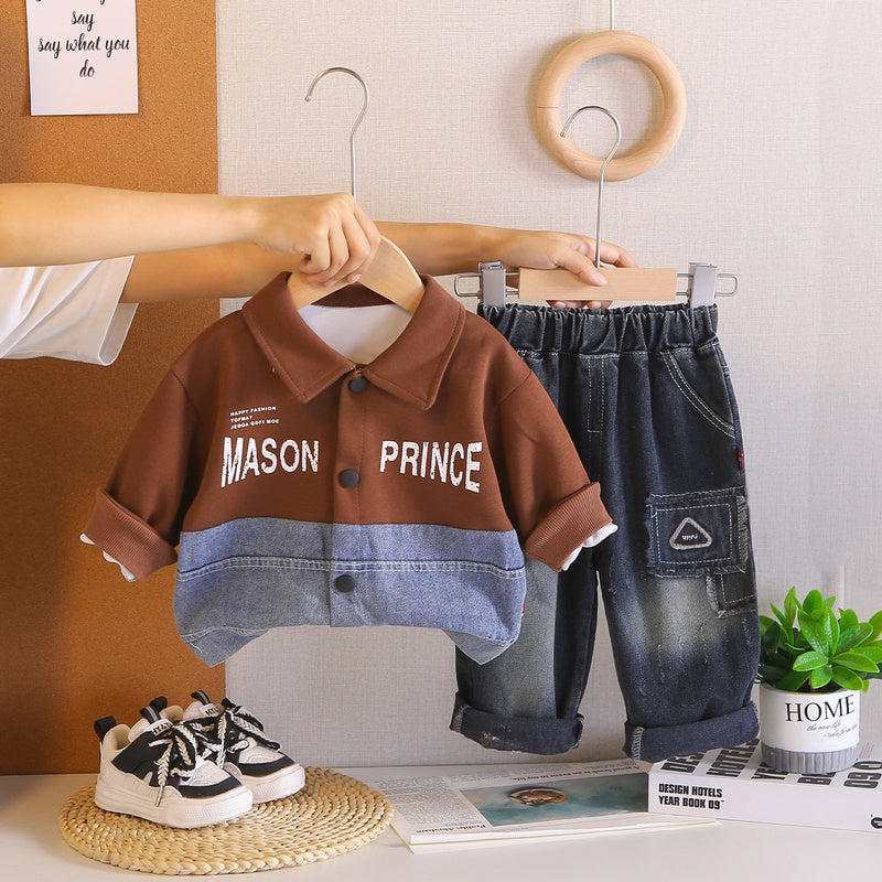 Children's clothing boys' suit baby outfit new style toddler spring and autumn stylish patchwork jacket two-piece set Korean fashion