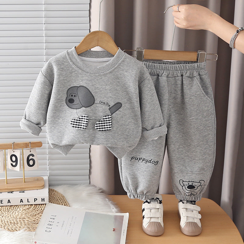 Boys' Spring and Outfit, New Autumn Style for Baby Boys, Casual Puppy Sweatshirt Two-Piece Set, Trendy Clothing