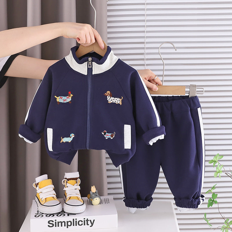 Boys' Stylish Outfit 2025 Spring and Autumn New Fashionable Baby Korean Style Cartoon Dog Patch Sports Two-Piece Set