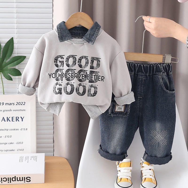 Boys' fashion stylish letter sweatshirt two-piece set, baby spring cool toddler clothes, infant children's trendy outfit