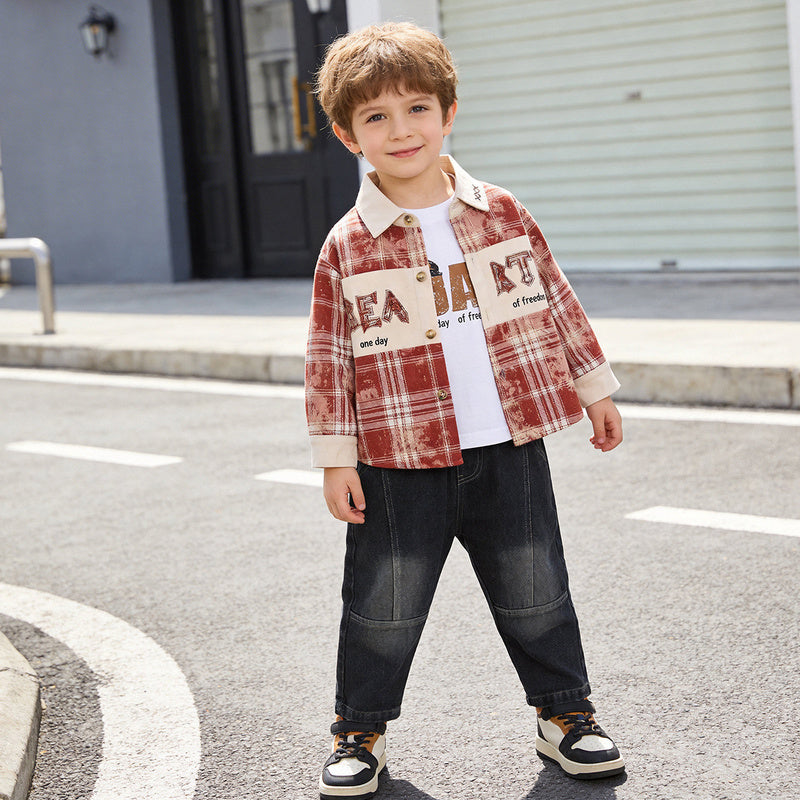 Boys' Spring and Autumn Letter Color-Block Shirt New Style Children's Long-Sleeve Baby Outfit Fashionable Three-Piece Set Trendy