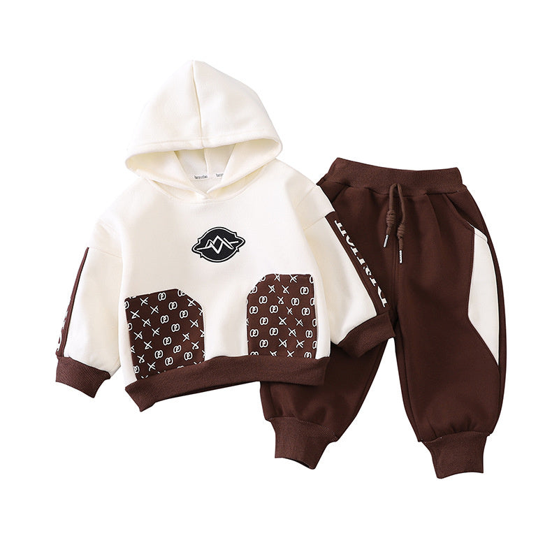 Boys' Autumn and Outfit 2026 New Korean Style Stylish Children's Winter Clothing Baby Fleece-Lined Color-Block Sweatshirt Two-Piece Set