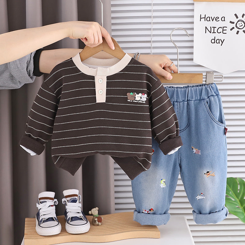 Boys' Outfit 2026 New Striped Patchwork Sweatshirt Two-Piece Set Baby Spring Stylish Toddler Clothes Children's Clothing