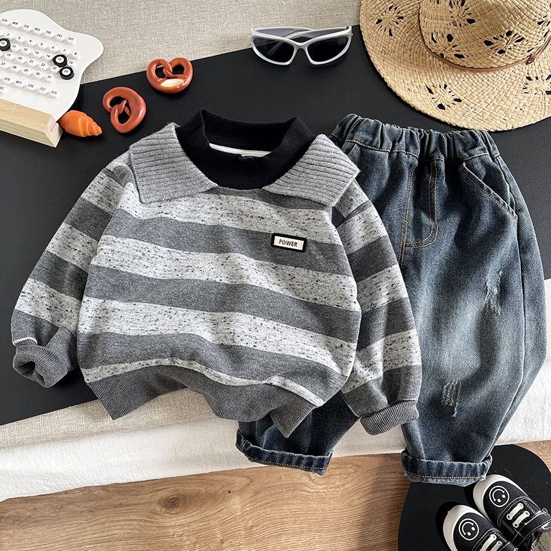 Boys' Outfit 2026 New Style Children's Turn-down Collar Wide Stripe Sweatshirt Two-piece Set Baby Spring and Autumn Casual Trend