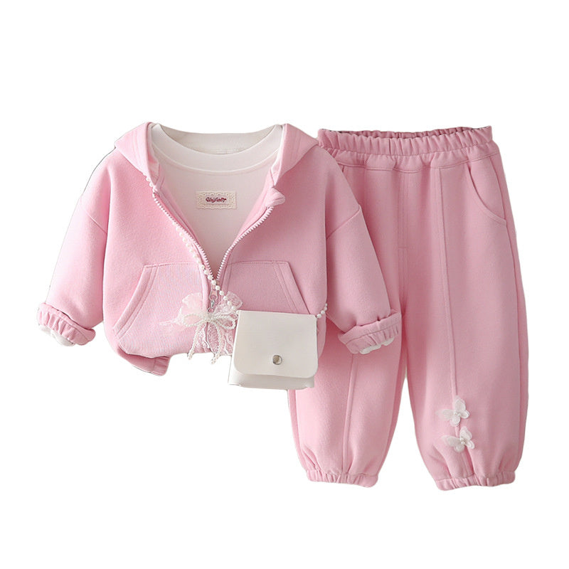 Girls' Outfit 2026 New Korean Style Children's Lace Butterfly Dress Baby Girl Autumn Casual Three-Piece Set
