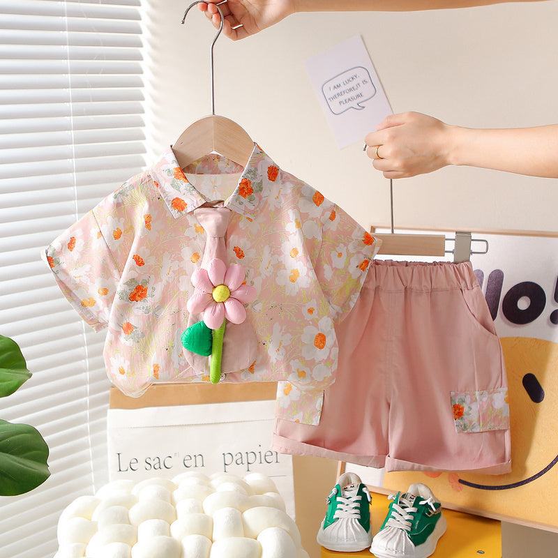 Boys' Summer Outfit 2026 New Style 1-2-3 Years Old, Stylish Floral Tie Shirt Short Sleeve Two-Piece Set for Children