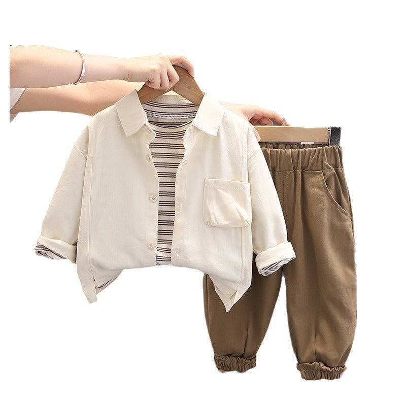 Boys' Outfit 2024 New Korean Style Children's Spring and Autumn Clothes Baby Solid Color Shirt Three-Piece Set Trendy