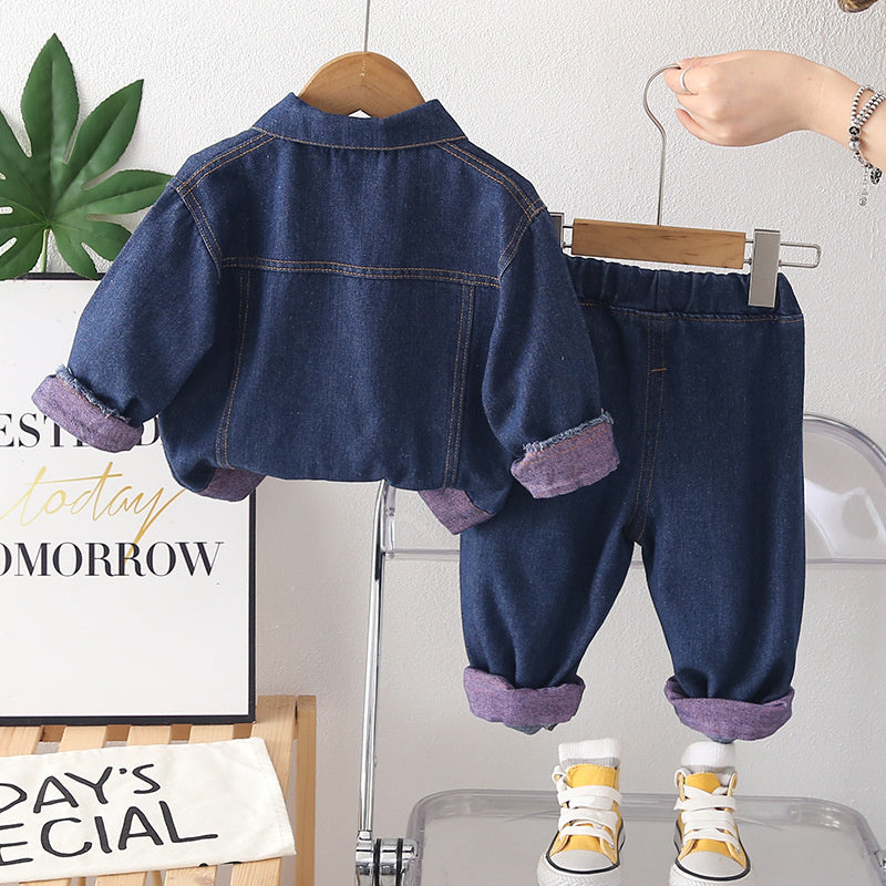 Baby girl spring outfit set, children's denim clothes with square pockets, stylish autumn wear for little girls