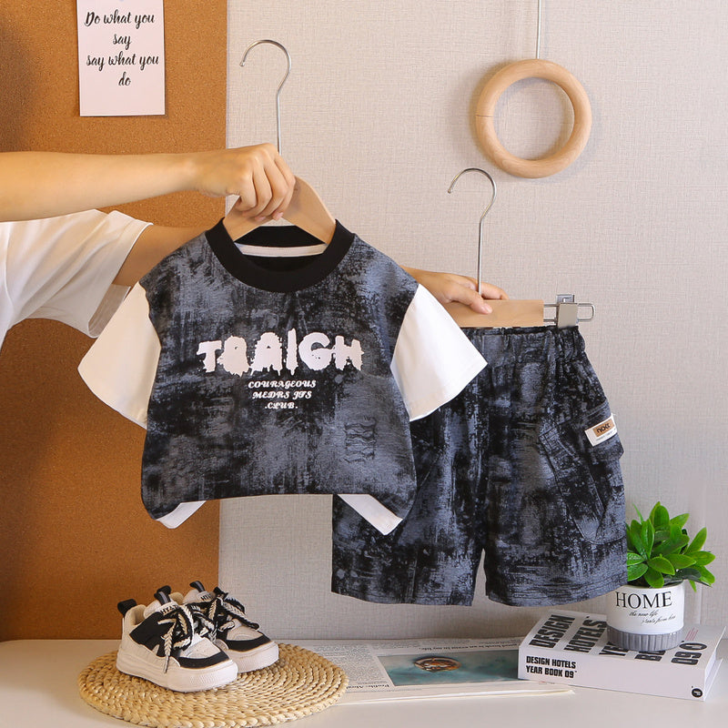 Boys' short-sleeve suit with patchwork sleeves, 2026 new baby summer clothing, infant and toddler two-piece set