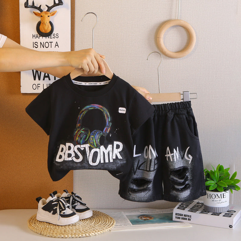Children's clothing boys, set, 2026 new model, earphone short-sleeve baby summer clothes, two-piece set for small children