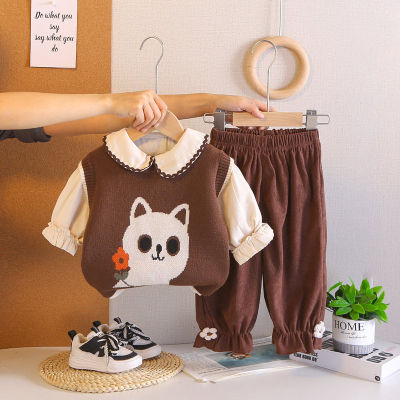Boys' Spring Outfit 2026 New Children's Spring-Autumn Cat Sweater Three-Piece Set Stylish Baby Autumn Clothes