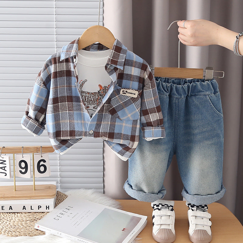 Boys' Fashionable Outfit 2026 New Children's Casual Plaid Shirt Three-Piece Set Baby Spring and Autumn Clothes