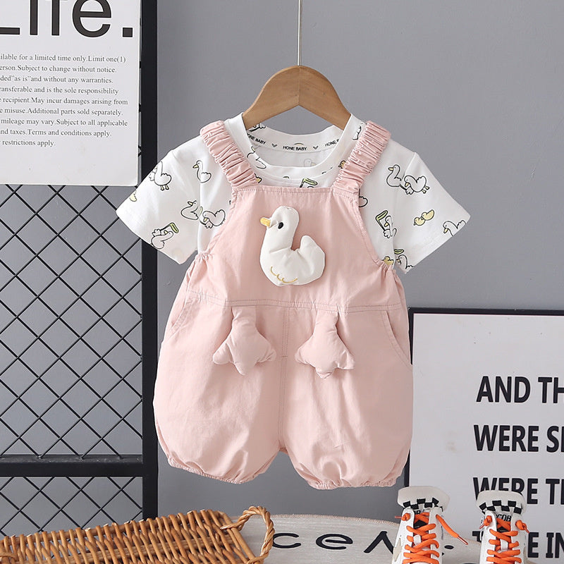 Boys and girls short-sleeve 2026 new summer fashionable children's clothing duckling suspender two-piece set