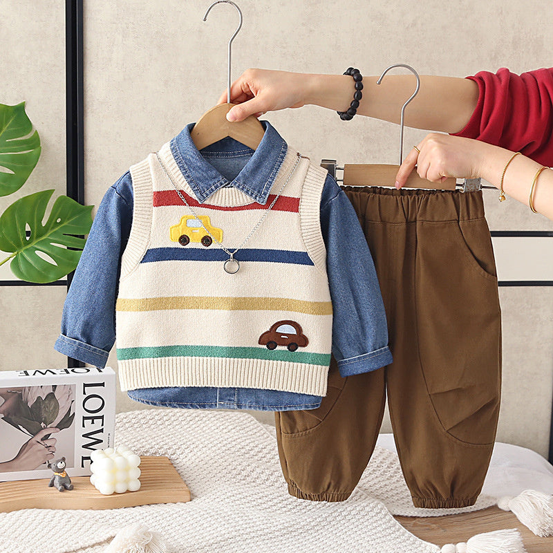 Boys' outfit set, stylish baby boy spring and autumn fashion infant clothing, striped car sweater three-piece set