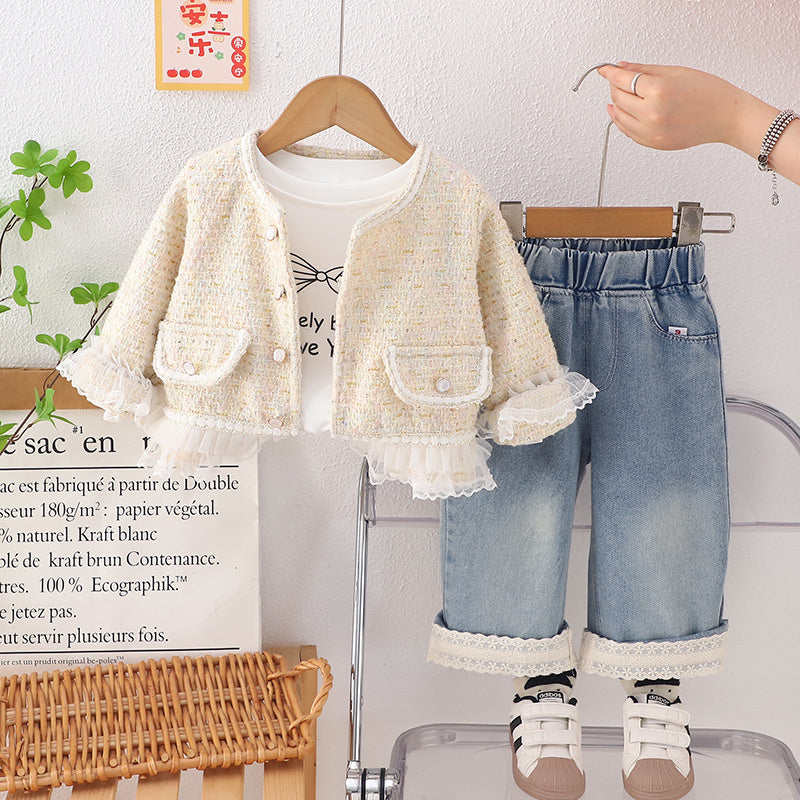 Foreign Trade Wholesale 2025 New Sweet Little Chanel Style Three-Piece Set Children's Fashionable Outfit Spring and Autumn Live Supply