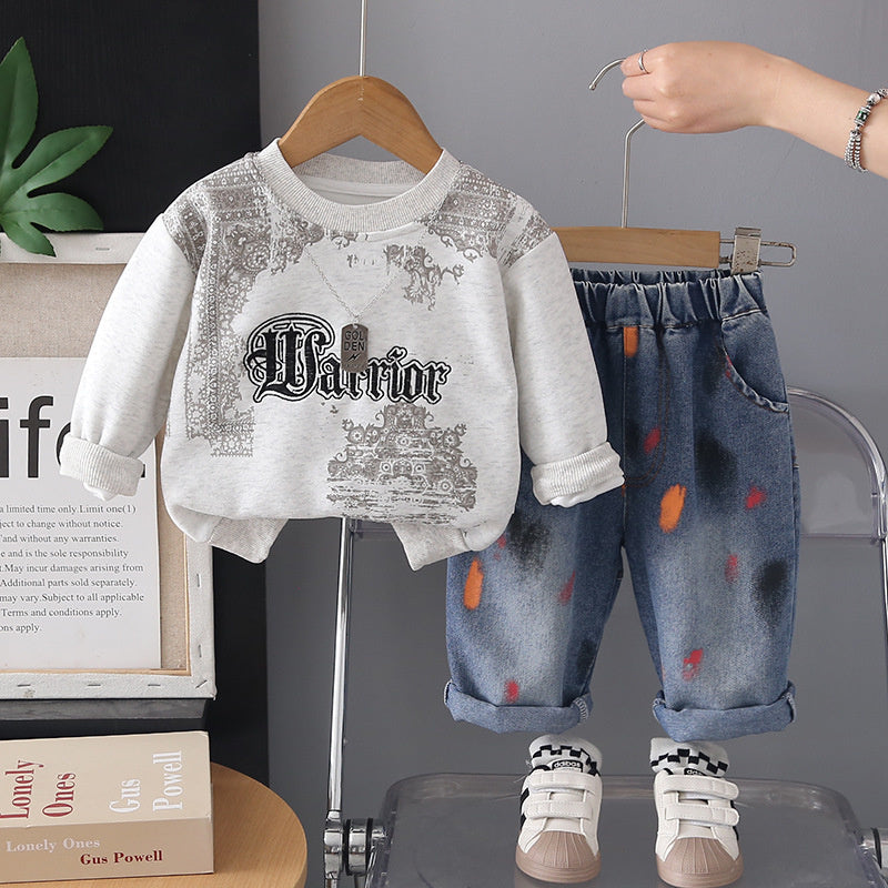 Boys' Autumn Outfit Stylish 2026 New Model, Infant and Toddler Spring/Autumn Printed Sweatshirt, Korean Style Two-Piece Set, Trendy