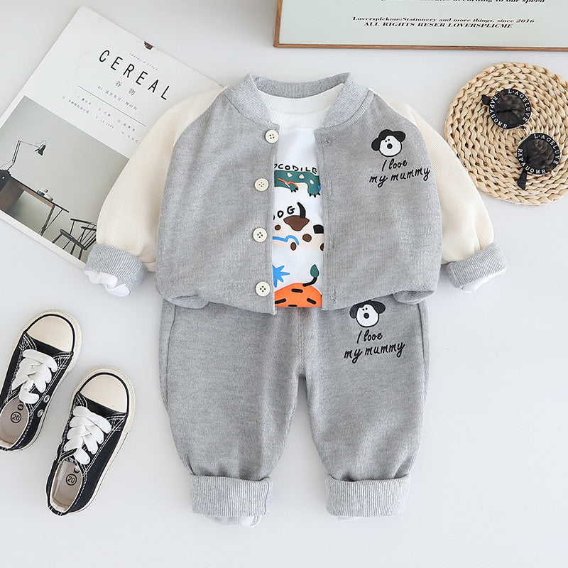 Boys' Outfit 2025 New Children's Cute Apron Puppy Three-Piece Set for 1 to 3 Years Old Baby Spring and Autumn