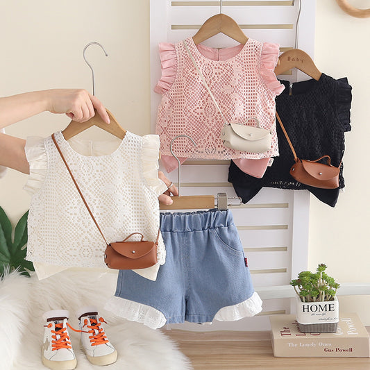 Baby girl's round-neck sleeveless outfit, stylish and trendy children's clothing, summer toddler two-piece set