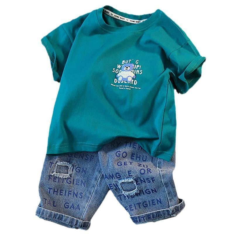 Boys' Summer Outfit 2025 New Fashionable Children's Short Sleeve Set, Stylish Baby Denim Shorts Two-Piece Set