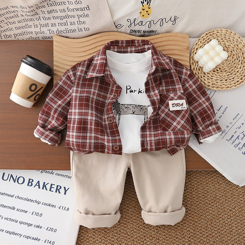 Boys' Spring and 2025 Autumn Outfit Korean Style Children's Fashionable Label Plaid Shirt Three-Piece Set Trendy