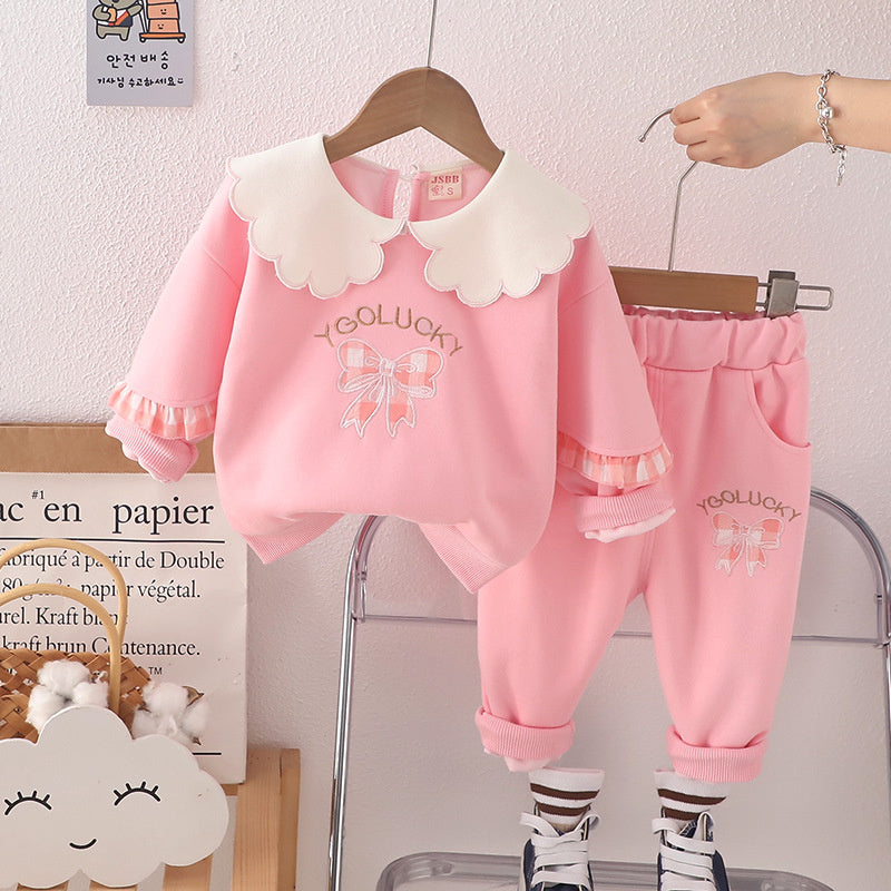 Girls' Outfit 2024 New Sweatshirt Baby Plaid Bow Two-Piece Set Children's Spring and Autumn Style