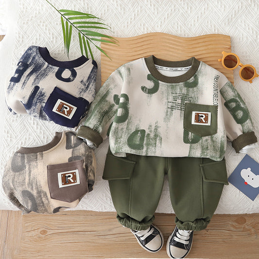 Boys' Spring and Autumn 2026 Casual Outfit, New Style for Boys Aged 1-5, Long-Sleeve Full-Print Letter Sweatshirt Two-Piece Set