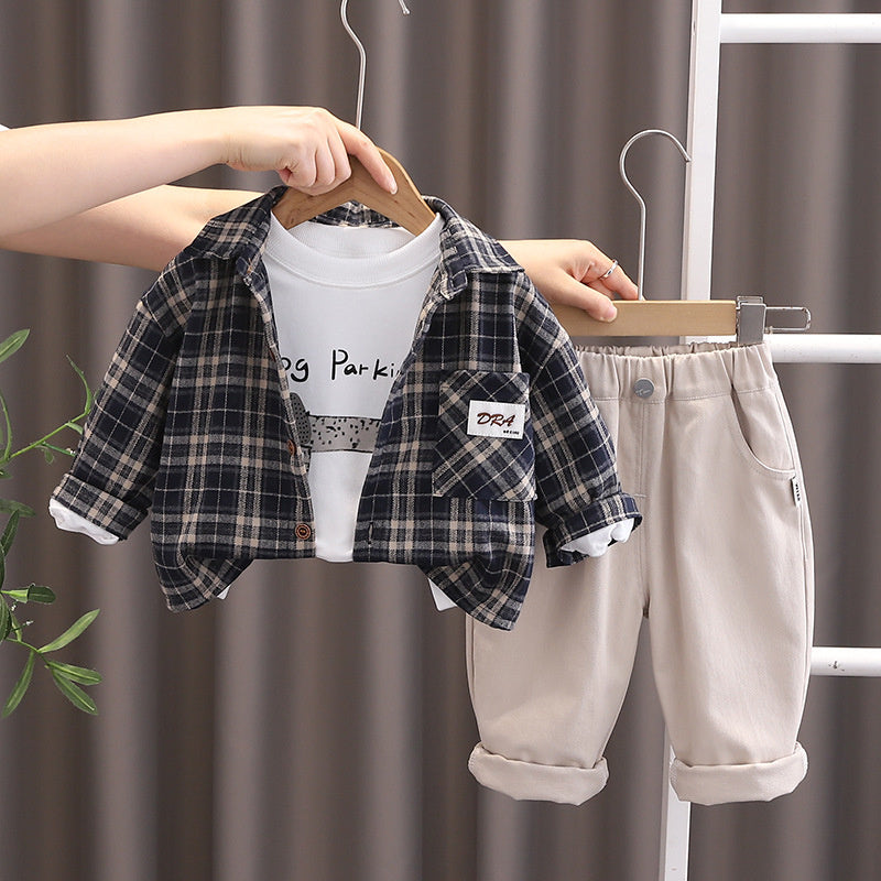 Boys' Spring and 2025 Autumn Outfit Korean Style Children's Fashionable Label Plaid Shirt Three-Piece Set Trendy