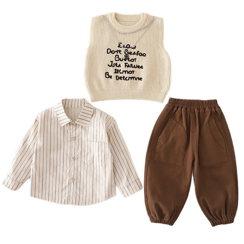Boys' and Autumn Three-Piece Sweater Set, Children's Casual Long-Sleeve Clothing, Fashionable Spring Outfit for Kids