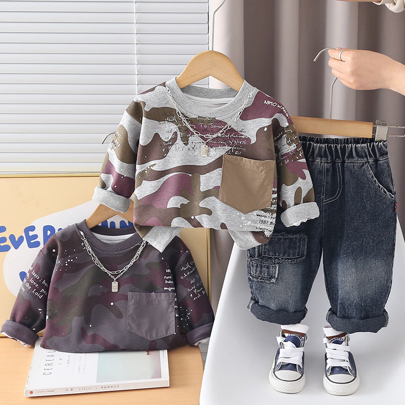 Boys' Outfit Spring and Autumn 2026 New Fashionable Camouflage Sweatshirt Long Sleeve Two-Piece Set Baby Clothes Dropshipping
