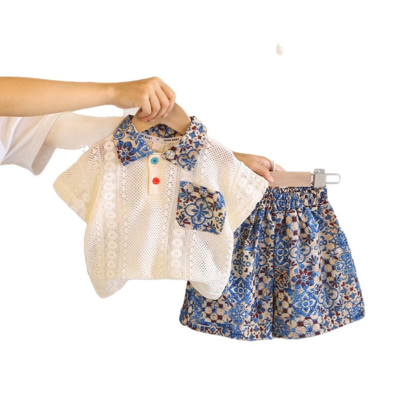Boys' and girls' outfit 2026 new children's clothing summer thin baby floral pocket short-sleeve two-piece trendy set