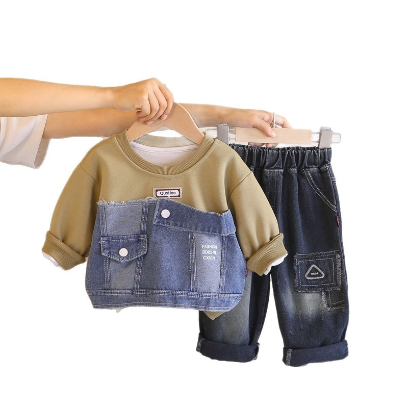 New Spring Autumn Outfit Boys: Korean-style Denim Patchwork Sweatshirt and Casual Stylish Jeans Two-piece Set for Kids