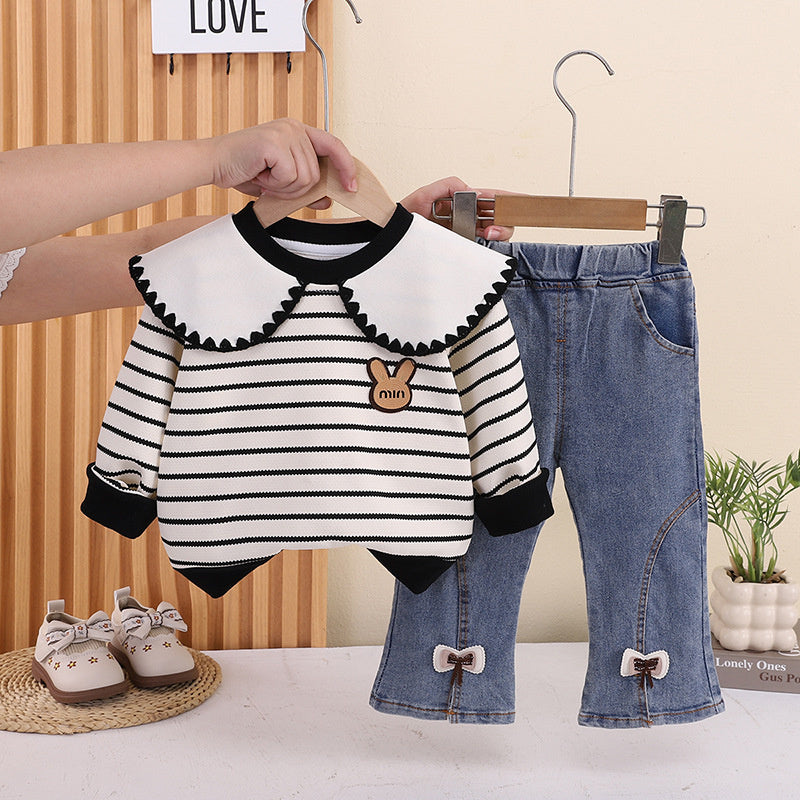 Girls' Spring and Fashionable Outfit 2026 New Baby Girl Striped Turn-down Collar Long Sleeve Autumn Clothes Infant Korean Style Trendy