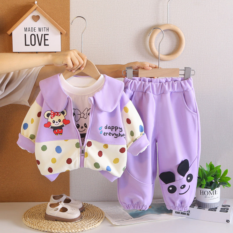 Girls' Stylish Colorful Polka Dot Outfit 2026 Spring/Autumn Collection, Turn-down Collar Cartoon Three-piece Set, Fashionable Baby Girl Clothes