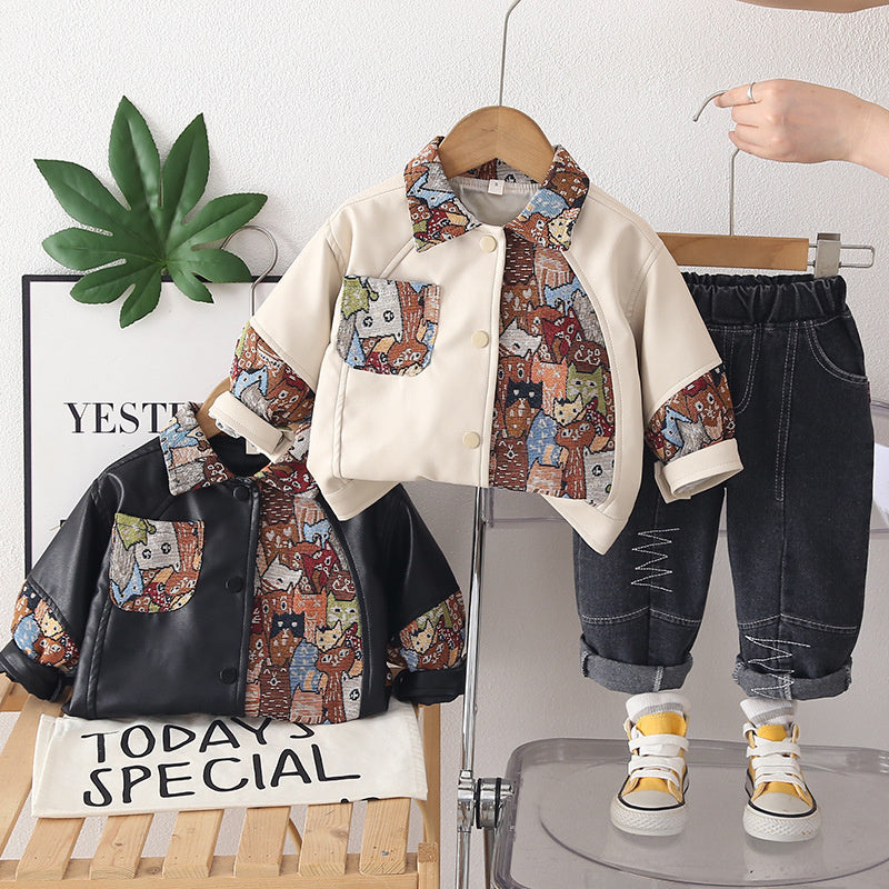 Boys' Casual Outfit 2026 New Spring and Autumn Baby Children's Patchwork Cartoon Leather Jacket Two-Piece Set Trendy