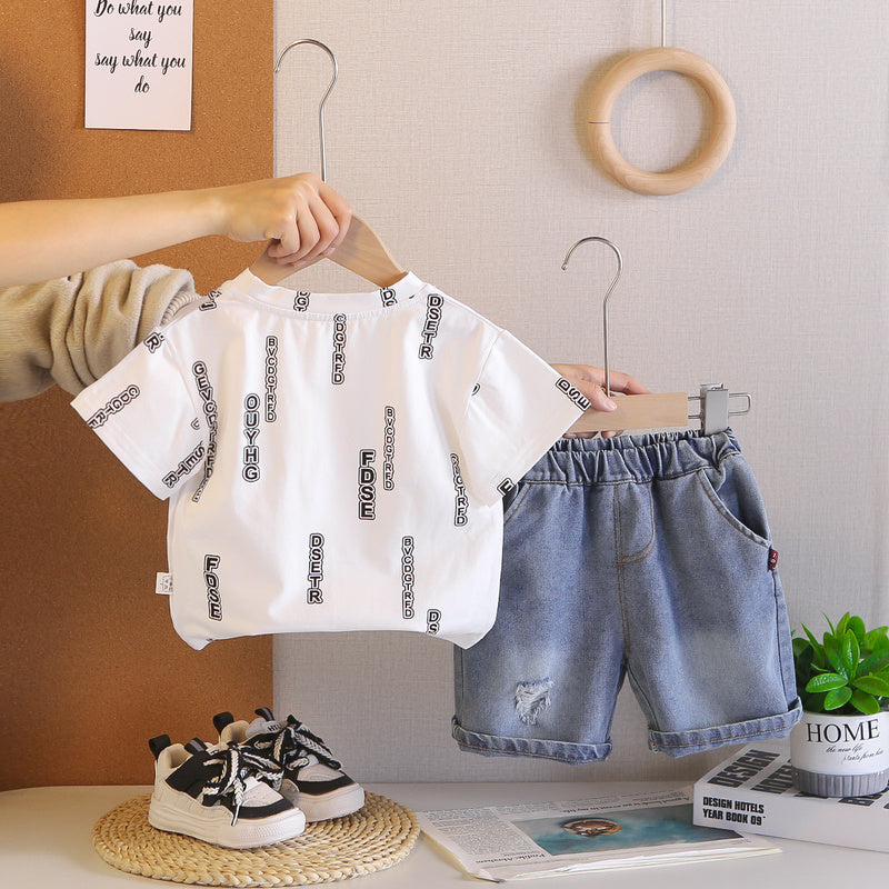 Summer new casual short-sleeve two-piece set for children, with letter-printed round-neck top and loose-fitting jeans