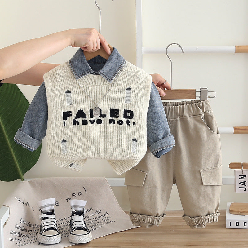 2025 Spring and Autumn Boys' Fashionable Denim Shirt, Long-Sleeve Letter Sweater, Vest, Casual Cargo Pants Three-Piece Set Wholesale
