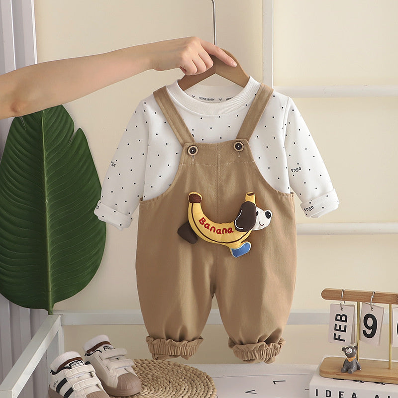 Boys' Outfit 2026 Spring and Autumn Clothes Infant Children's Sweatshirt Baby Banana Dog Overalls Two-Piece Trendy Set
