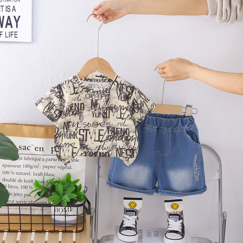 Boys' Summer Outfit: Children's Short-Sleeve English Print Cool and Stylish 2026 New Model for 1-3 Year Olds