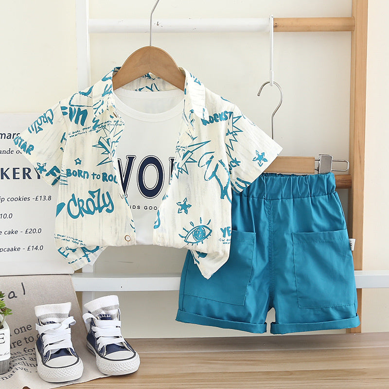 Boys' Summer Outfit 2026 New Fashionable Children's Clothing Thin Full-Print Letter Shirt Short-Sleeve Three-Piece Set Trendy