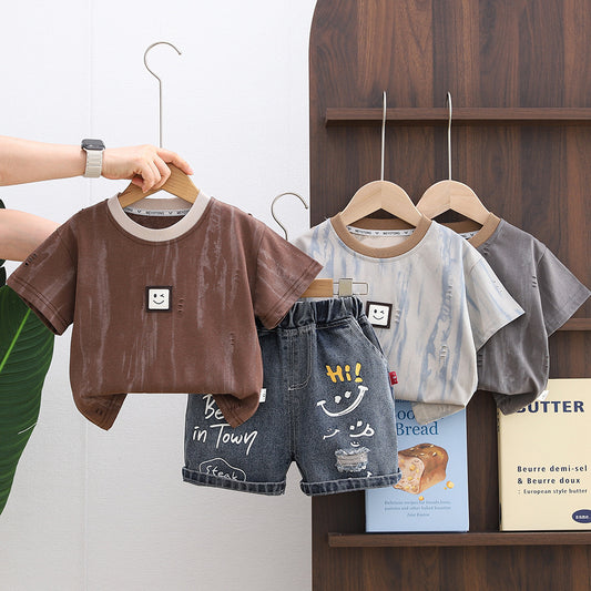 Baby Outfit Set 2026 New Style Boys' Ripped Smiley Face Short Sleeve Shorts Infant Children's Clothing Toddler Summer Fashion